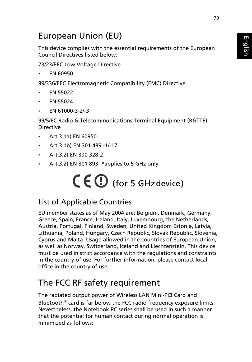 European union (eu), The fcc rf safety requirement, List of applicable countries | Acer Aspire 1690 User Manual | Page 89 / 96