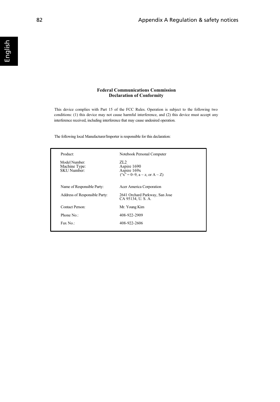 English, Appendix a regulation & safety notices 82 | Acer Aspire 1690 User Manual | Page 92 / 96