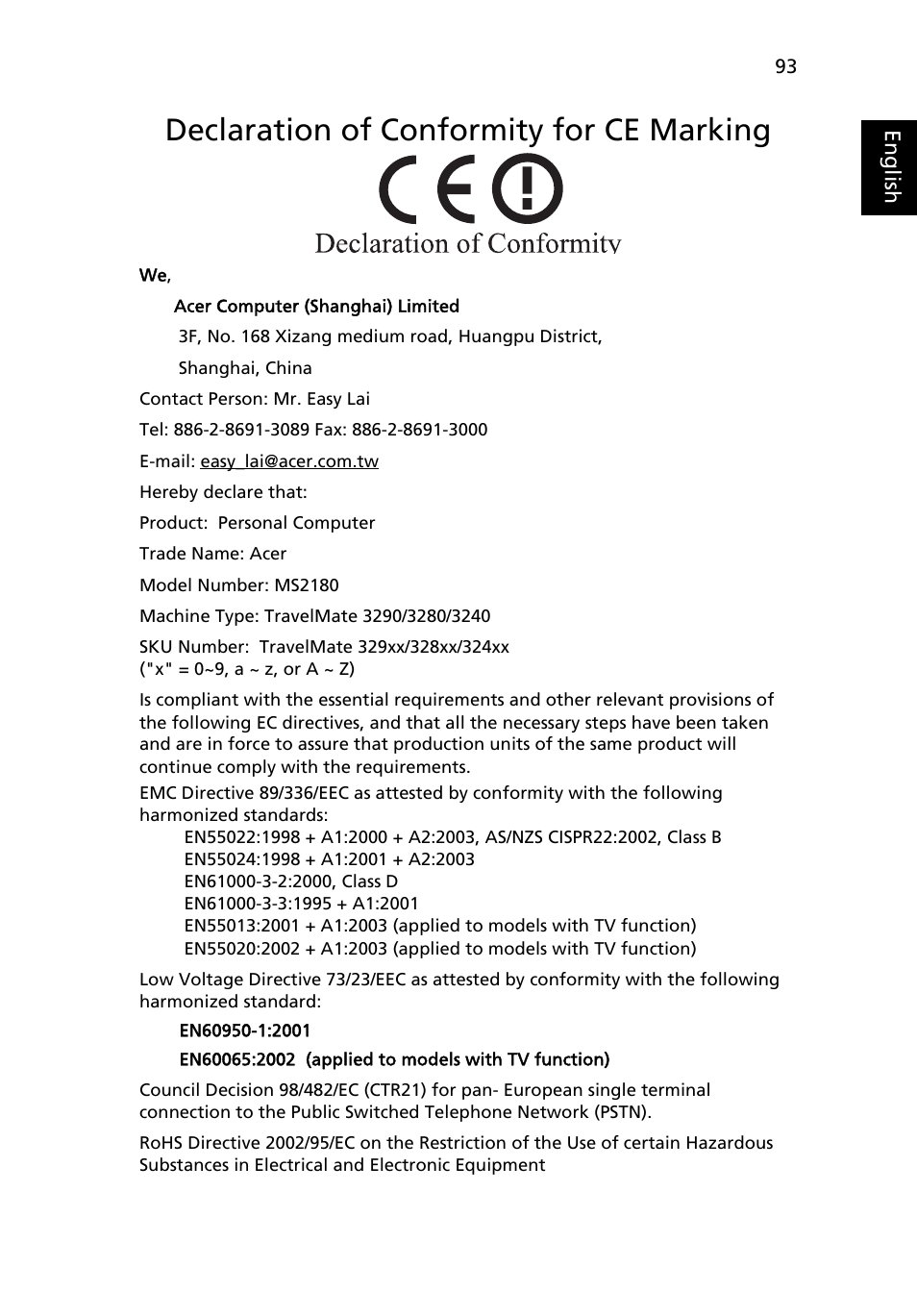 Declaration of conformity for ce marking | Acer TravelMate 3280 User Manual | Page 111 / 114