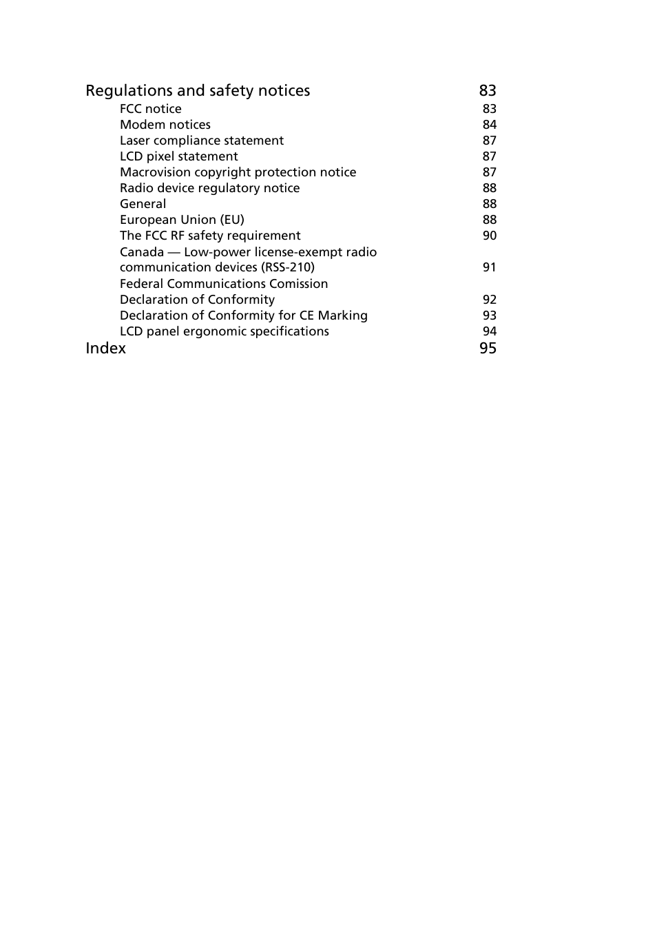 Regulations and safety notices 83, Index 95 | Acer TravelMate 3280 User Manual | Page 18 / 114