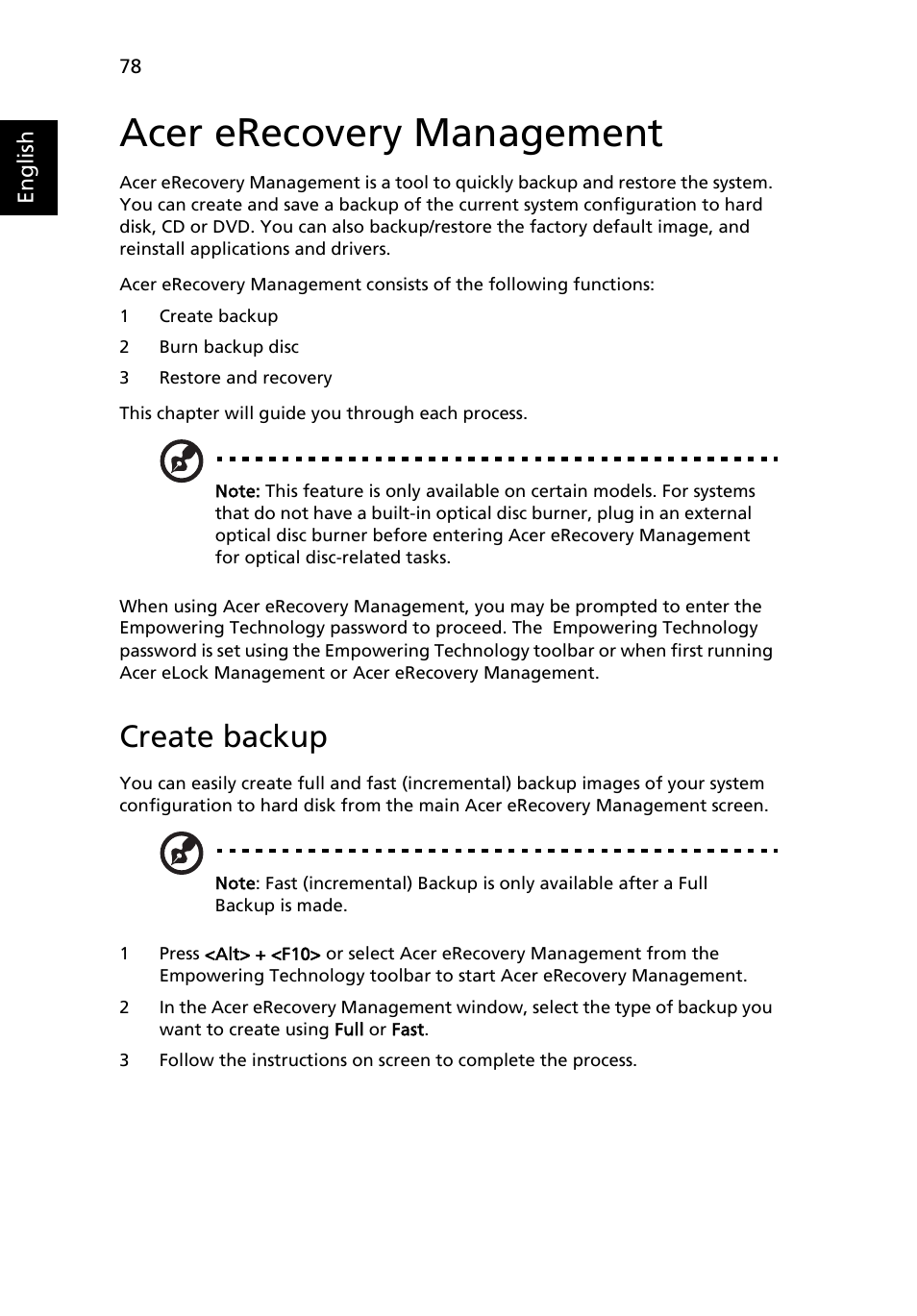 Acer erecovery management, Create backup | Acer TravelMate 3280 User Manual | Page 96 / 114