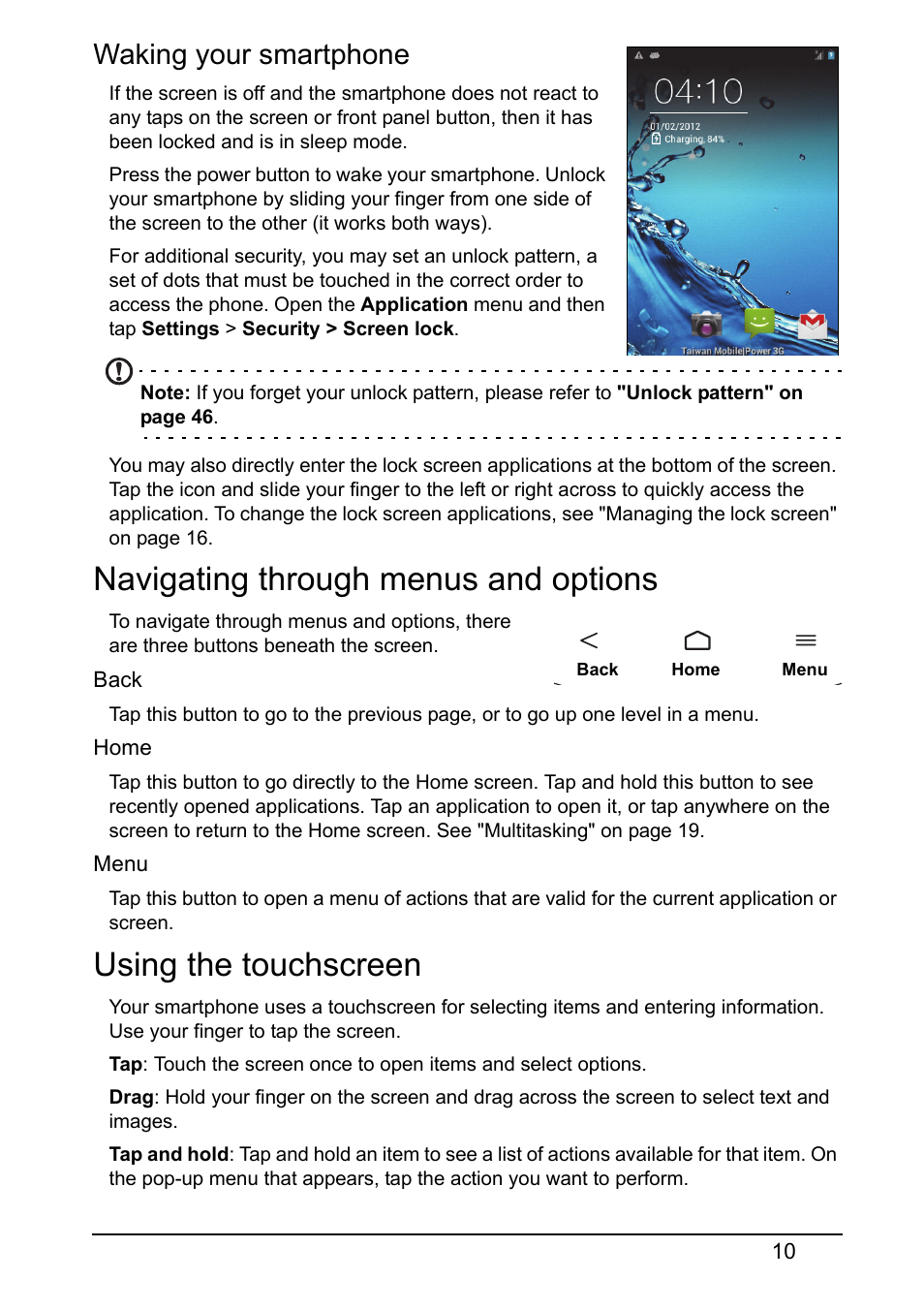 Waking your smartphone, Navigating through menus and options, Using the touchscreen | Acer Z120 User Manual | Page 10 / 61