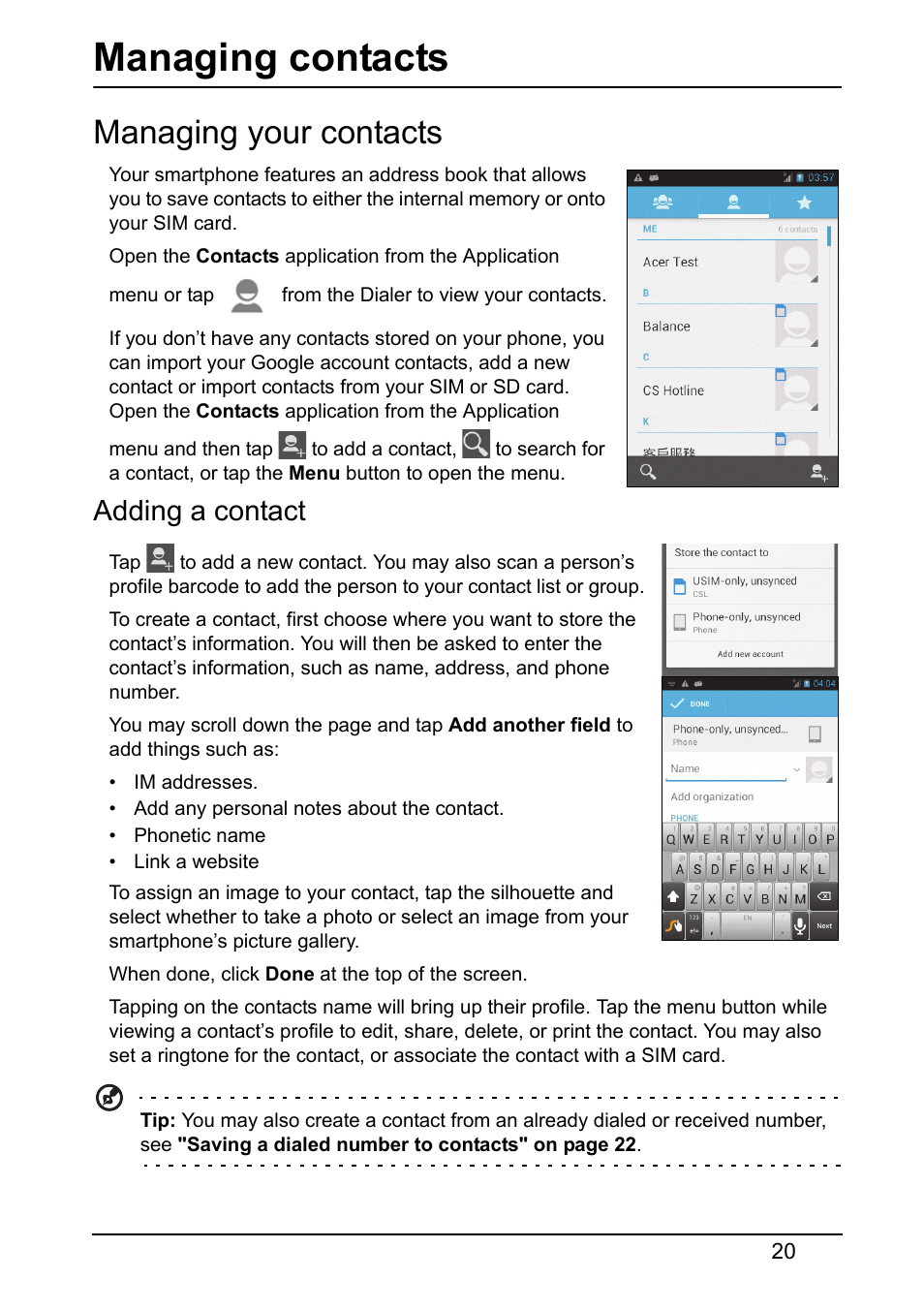 Managing contacts, Managing your contacts, Adding a contact | Acer Z120 User Manual | Page 20 / 61