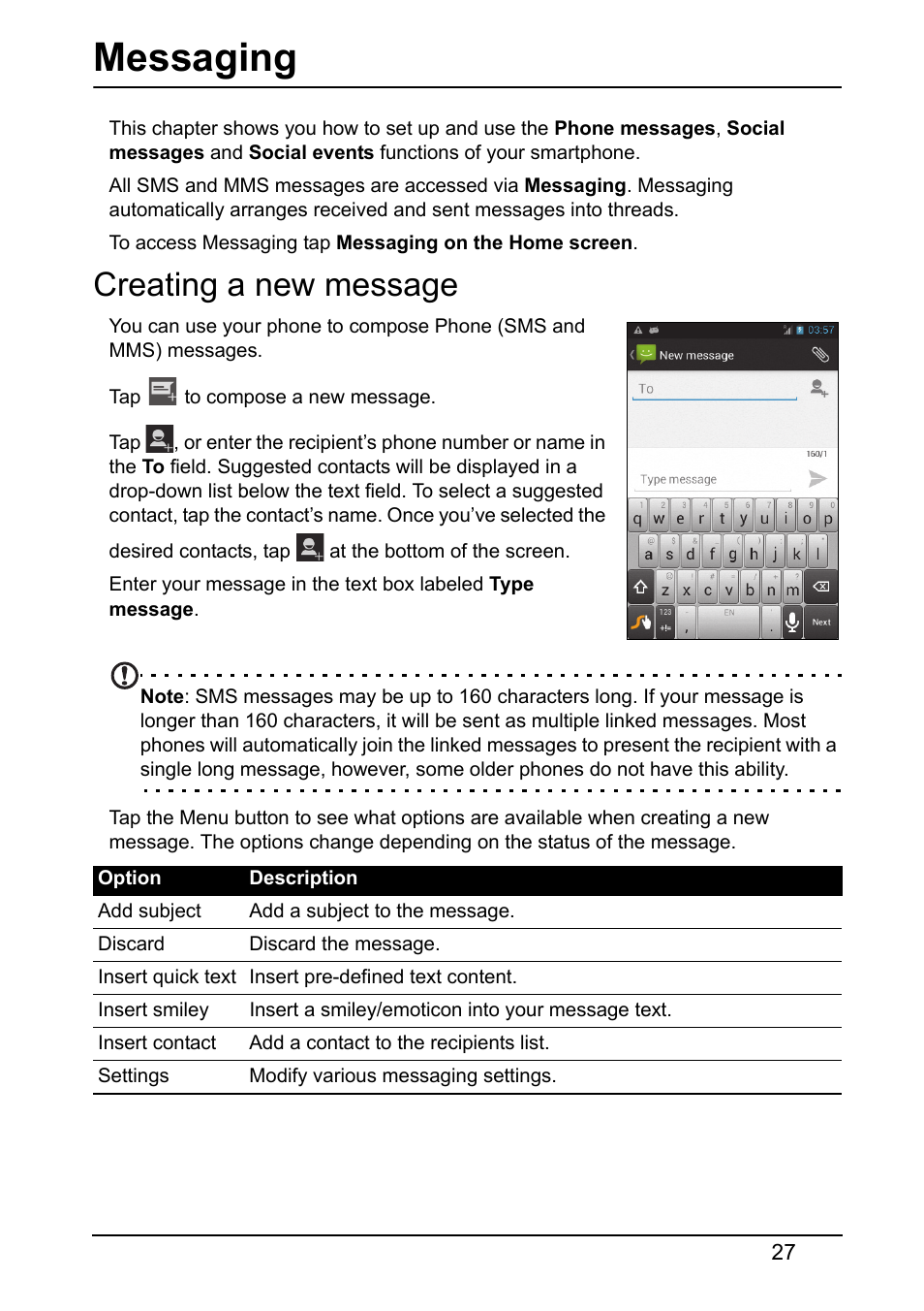 Messaging, Creating a new message | Acer Z120 User Manual | Page 27 / 61