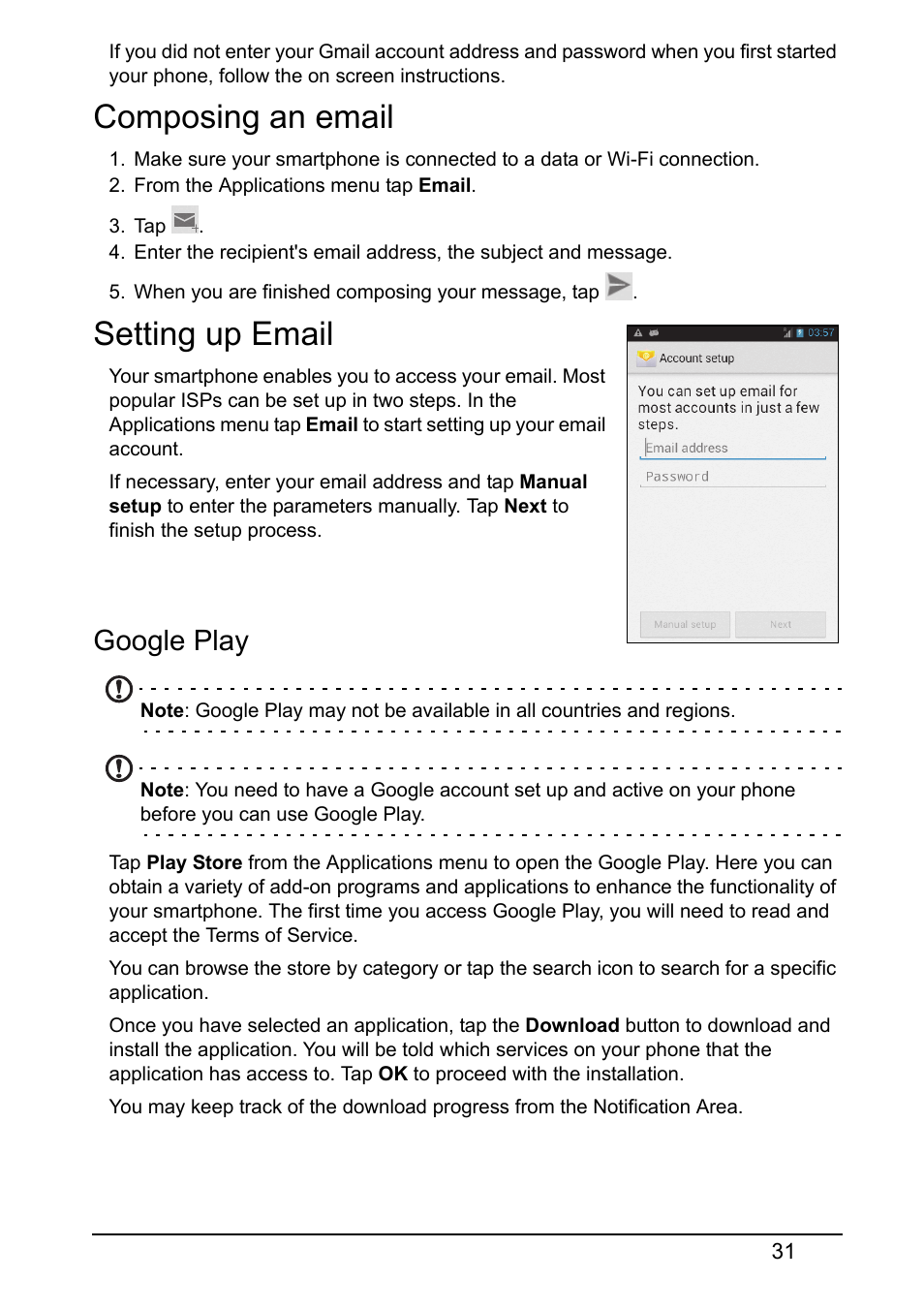 Composing an email, Setting up email, Google play | Composing an email setting up email | Acer Z120 User Manual | Page 31 / 61