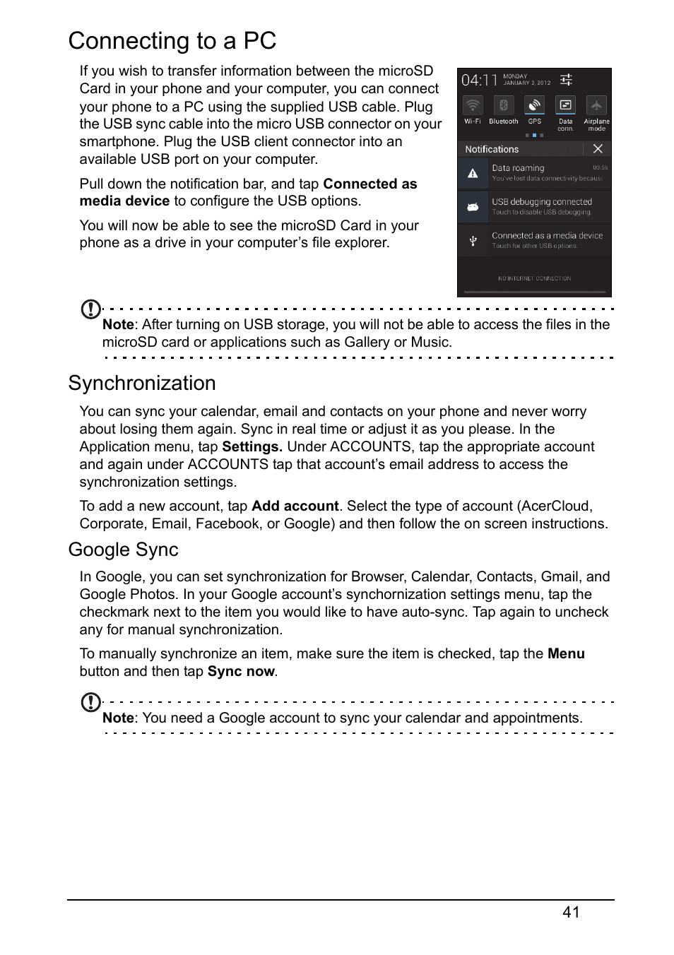 Connecting to a pc, Synchronization, Google sync | Acer Z120 User Manual | Page 41 / 61