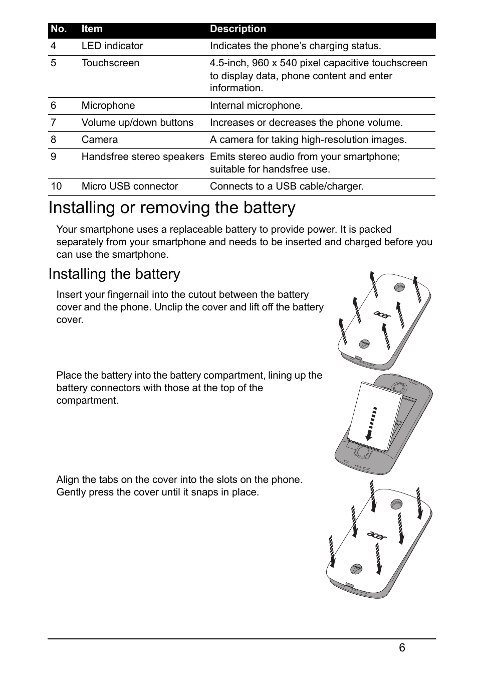 Installing or removing the battery, Installing the battery | Acer Z120 User Manual | Page 6 / 61