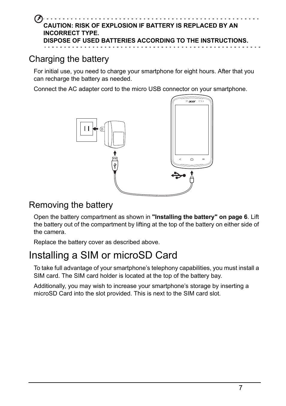 Charging the battery, Removing the battery, Installing a sim or microsd card | Acer Z120 User Manual | Page 7 / 61