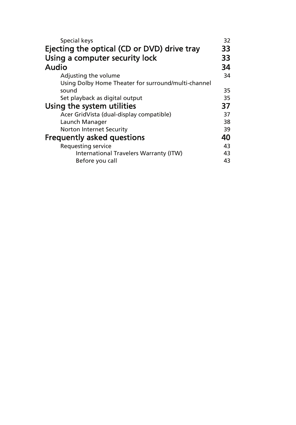 Using the system utilities 37, Frequently asked questions 40 | Acer Aspire 5910G User Manual | Page 17 / 61