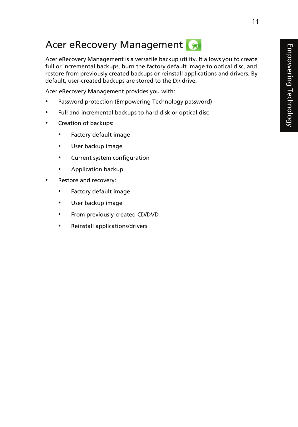Acer erecovery management | Acer Aspire 5910G User Manual | Page 29 / 61