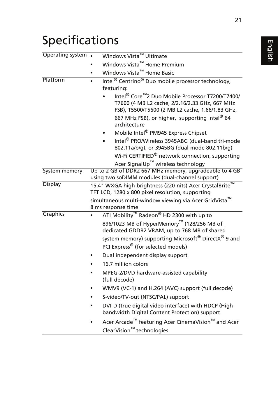 Specifications, Eng lis h | Acer Aspire 5910G User Manual | Page 39 / 61