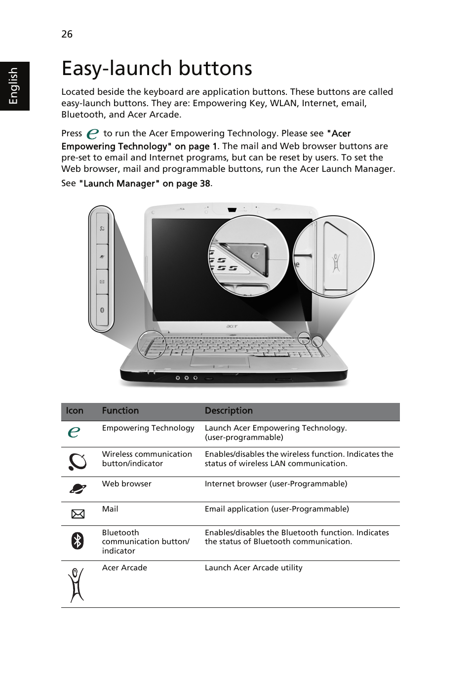 Easy-launch buttons, English | Acer Aspire 5910G User Manual | Page 44 / 61