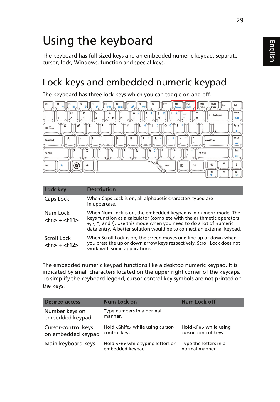 Using the keyboard, Lock keys and embedded numeric keypad | Acer Aspire 5910G User Manual | Page 47 / 61