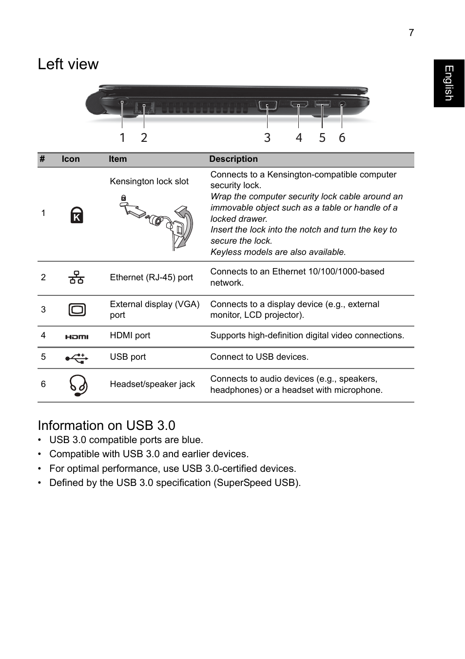 Left view, Information on usb 3.0 | Acer Aspire E1-432P User Manual | Page 7 / 10