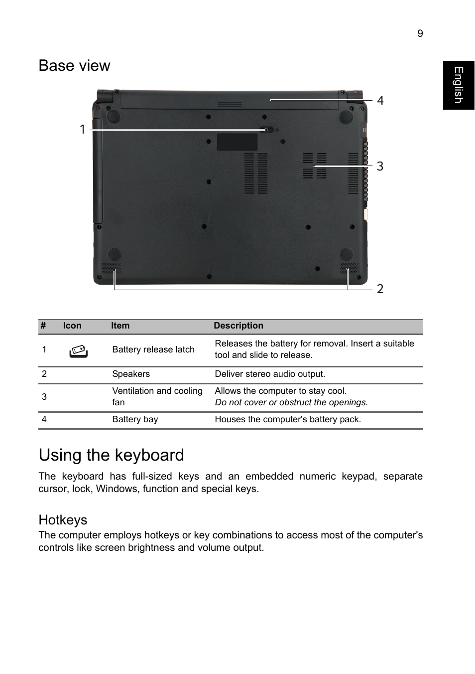 Base view, Using the keyboard, Hotkeys | Acer Aspire E1-432P User Manual | Page 9 / 10