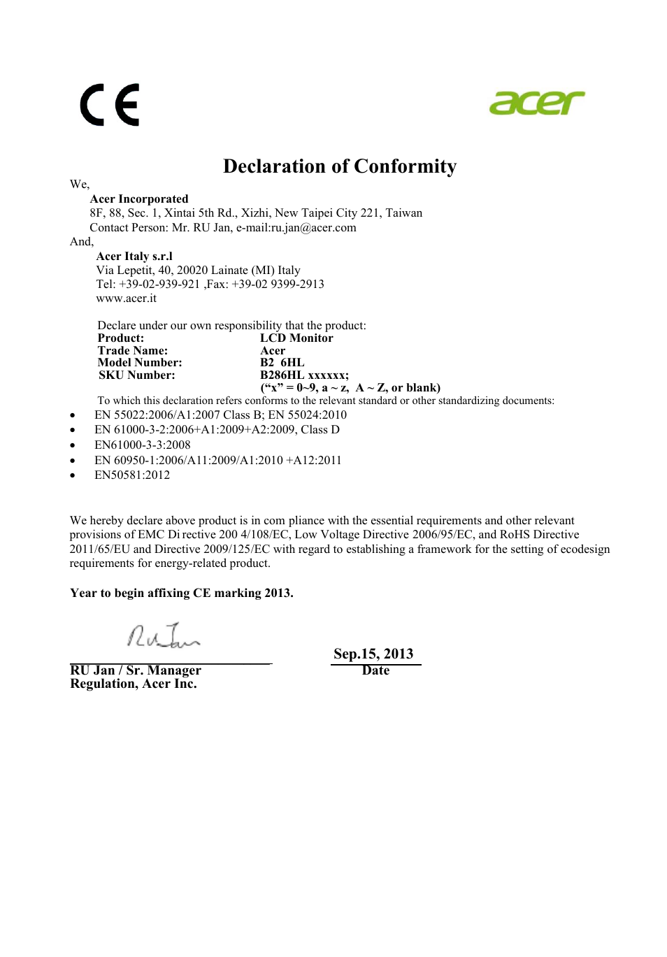 Declaration of conformity | Acer B286HL User Manual | Page 10 / 30