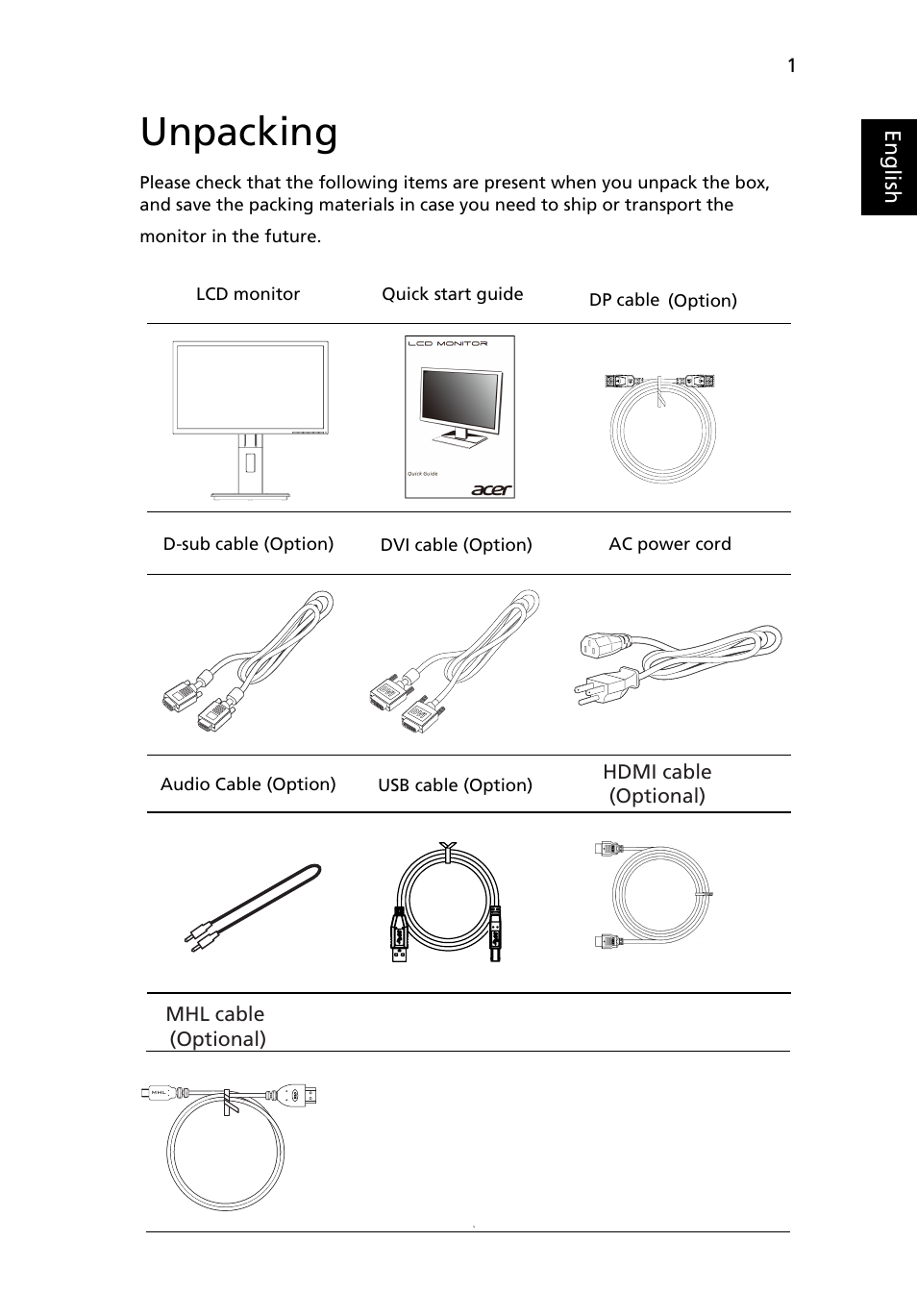 Unpacking | Acer B286HL User Manual | Page 13 / 30