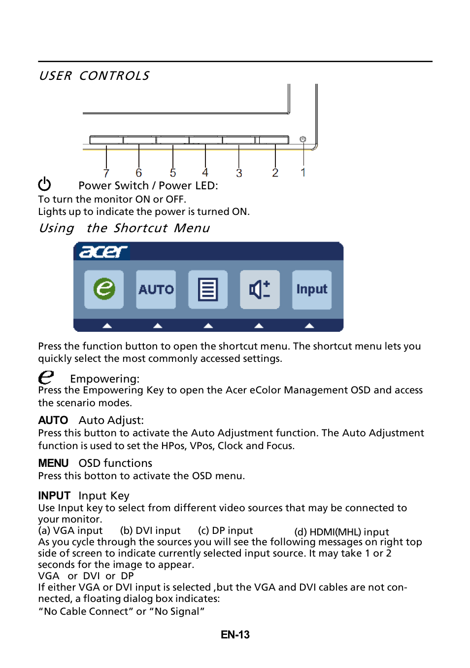 User controls, Using the shortcut menu | Acer B286HL User Manual | Page 23 / 30