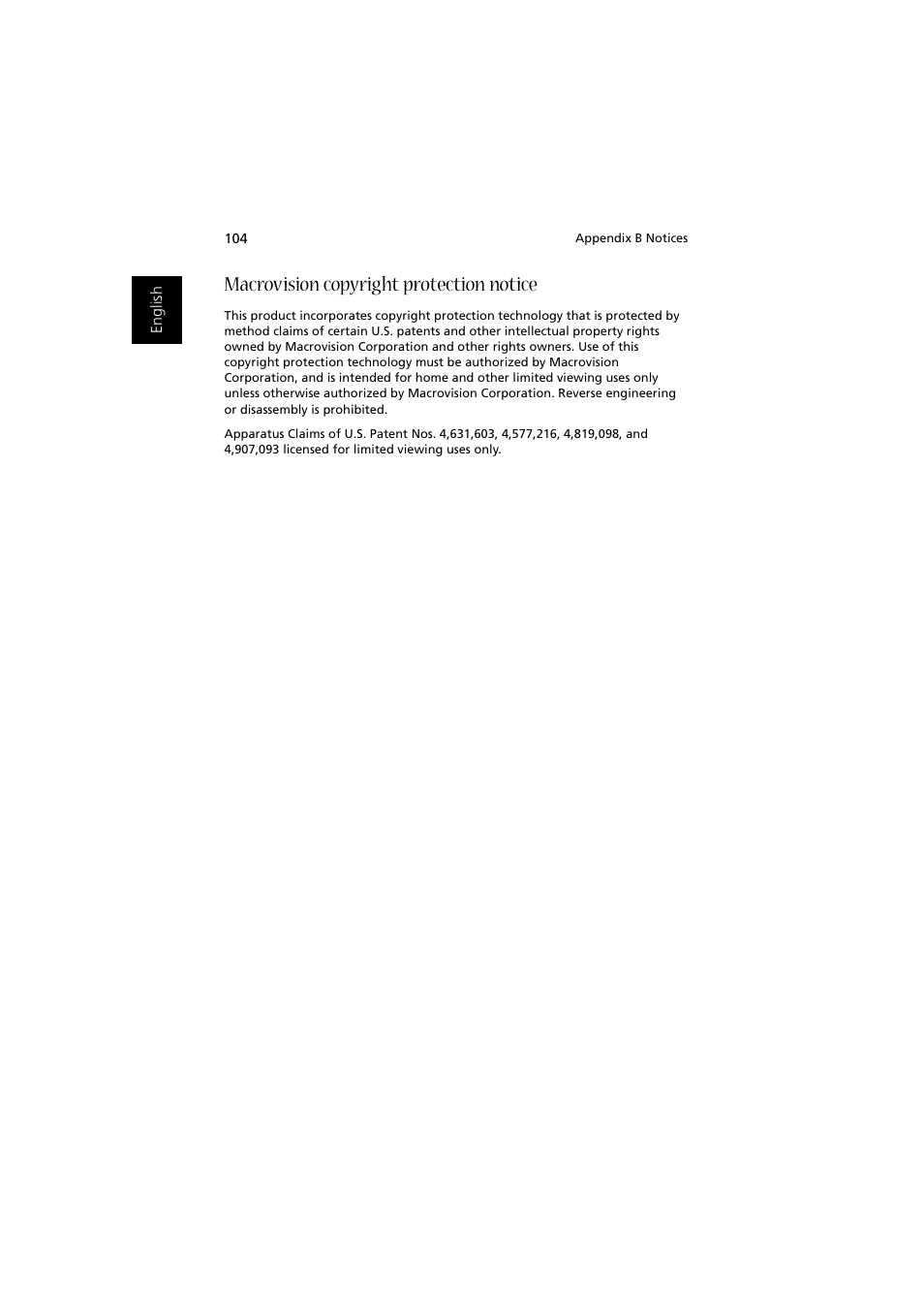 Macrovision copyright protection notice | Acer Aspire 2000 User Manual | Page 114 / 130