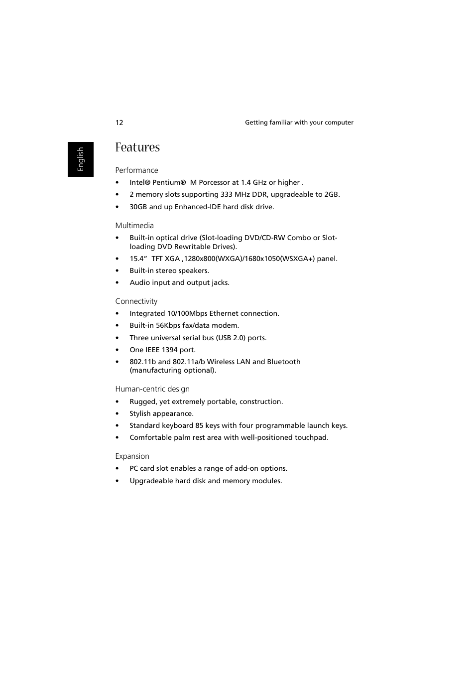 Features | Acer Aspire 2000 User Manual | Page 22 / 130