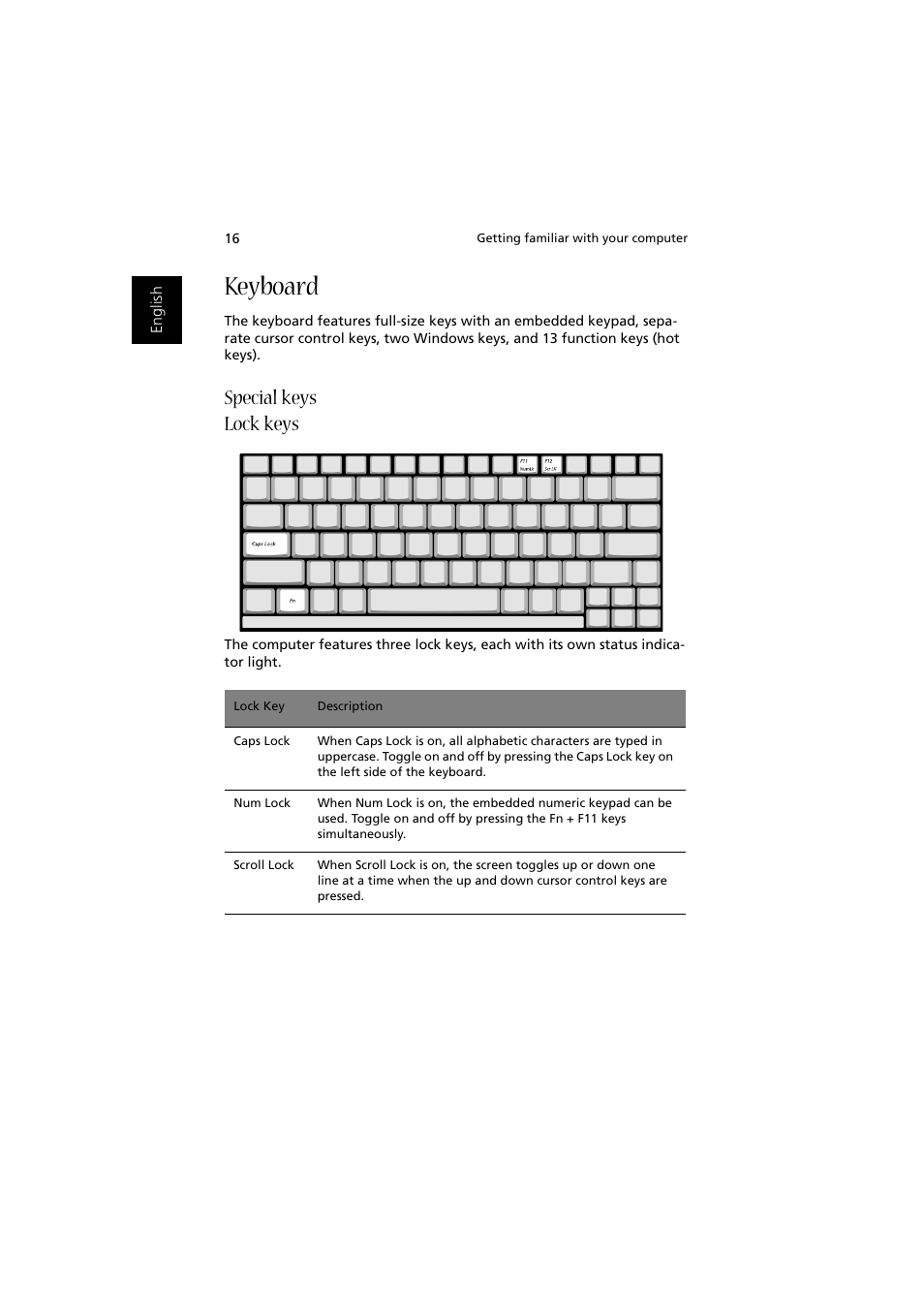 Keyboard, Special keys lock keys | Acer Aspire 2000 User Manual | Page 26 / 130