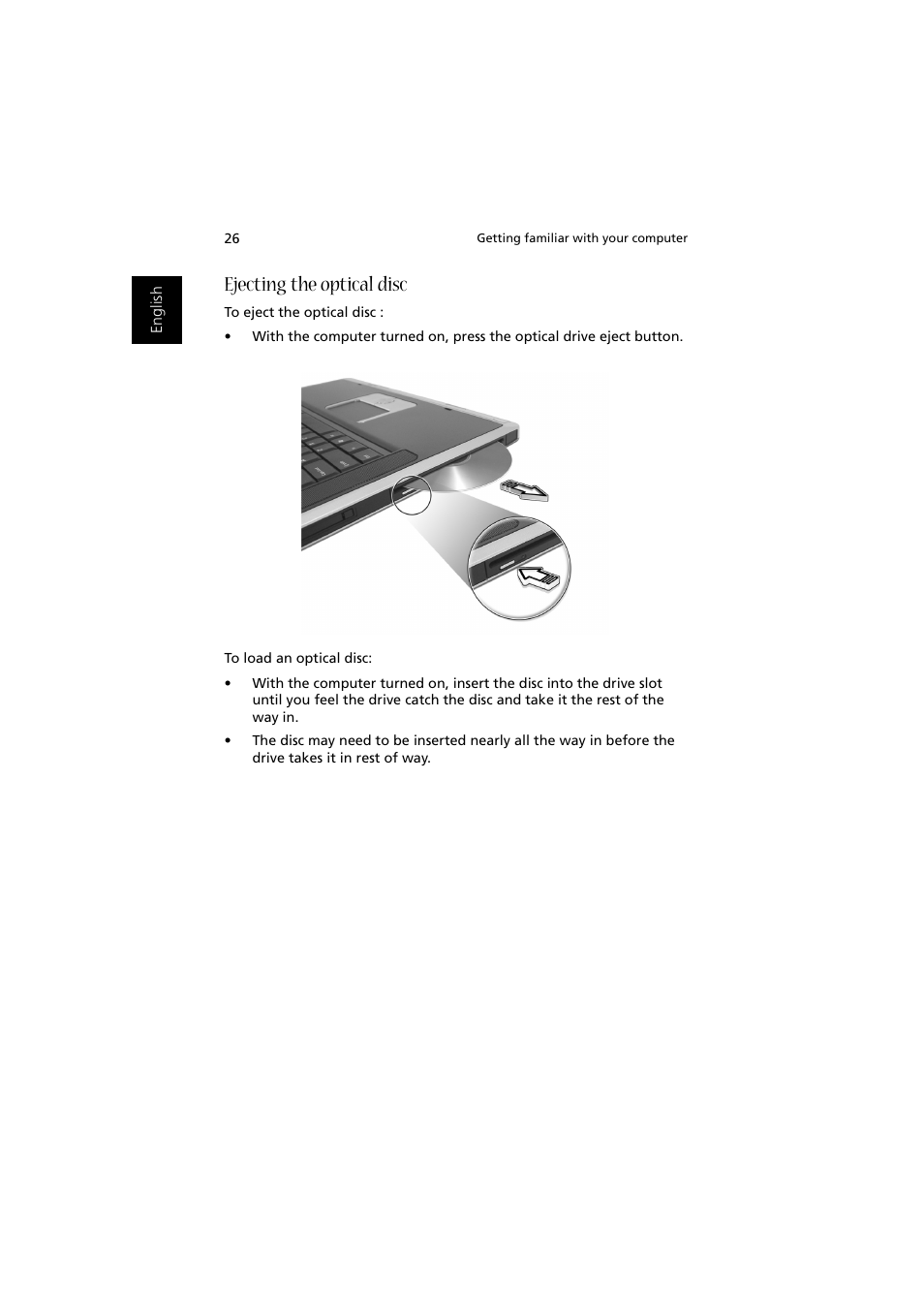 Ejecting the optical disc | Acer Aspire 2000 User Manual | Page 36 / 130