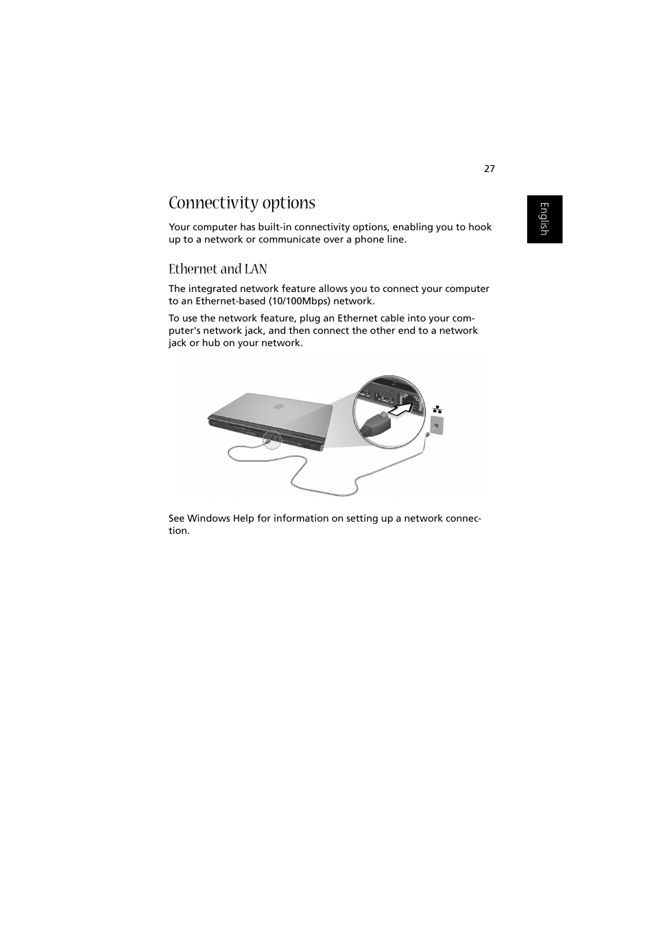 Connectivity options, Ethernet and lan | Acer Aspire 2000 User Manual | Page 37 / 130