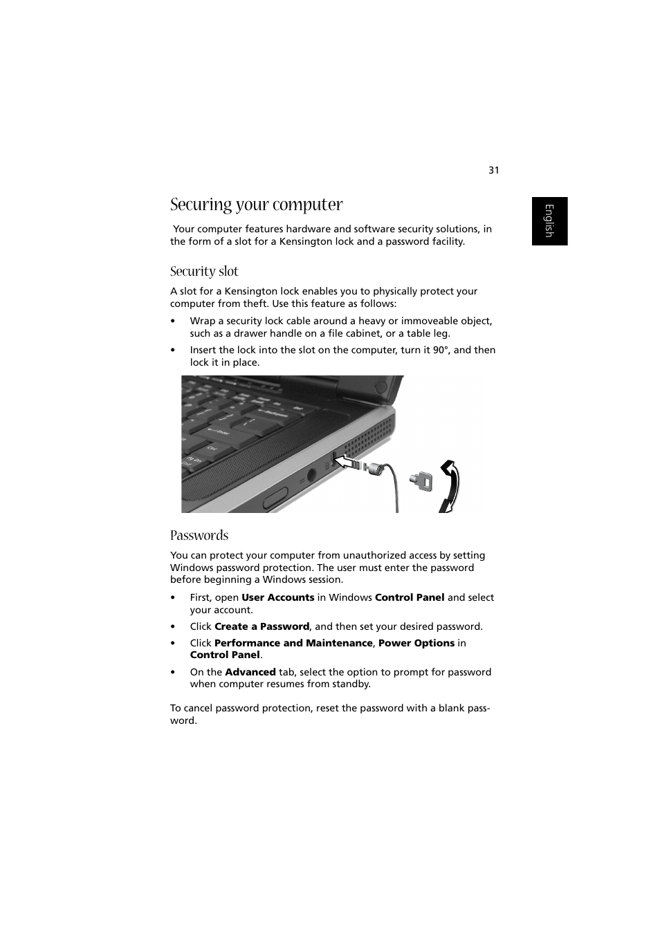 Securing your computer, Security slot, Passwords | Acer Aspire 2000 User Manual | Page 41 / 130