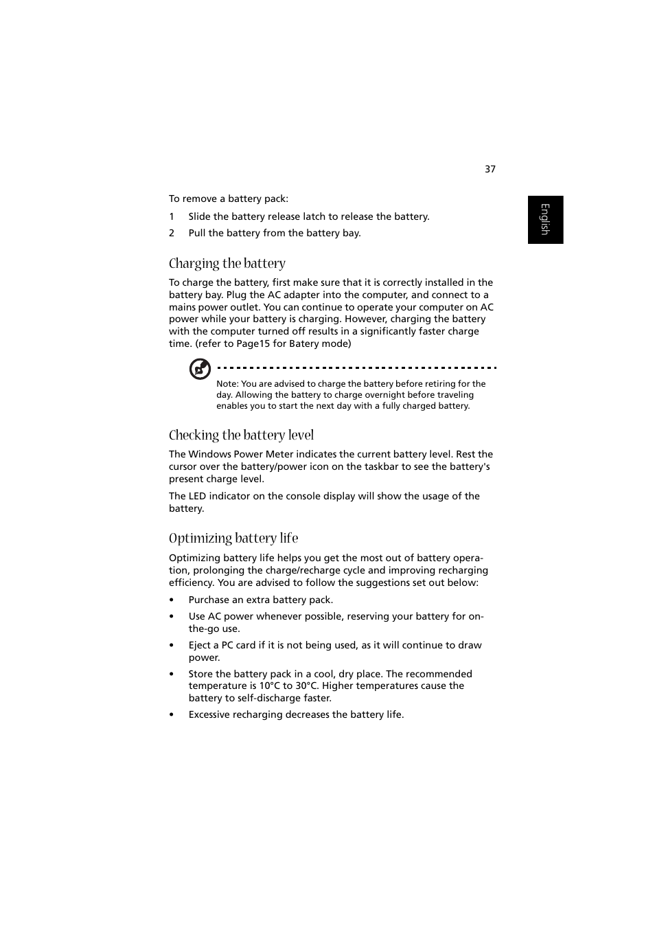 Charging the battery, Checking the battery level, Optimizing battery life | Acer Aspire 2000 User Manual | Page 47 / 130