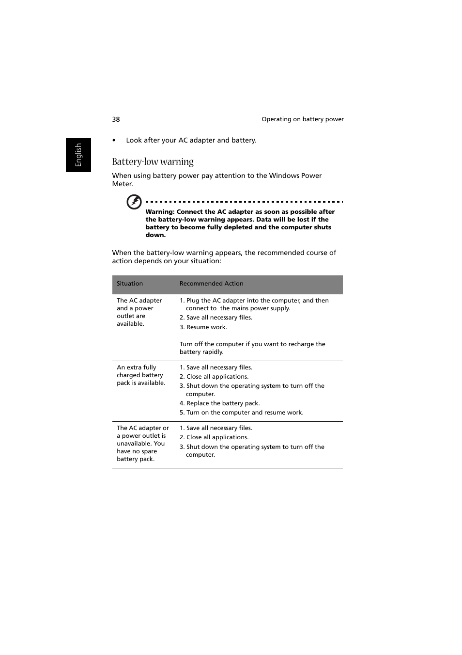 Battery-low warning | Acer Aspire 2000 User Manual | Page 48 / 130