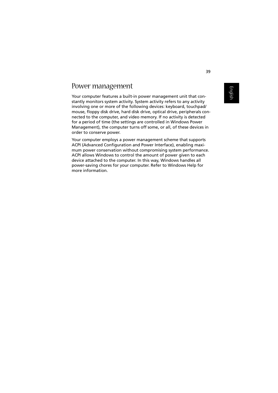 Power management | Acer Aspire 2000 User Manual | Page 49 / 130