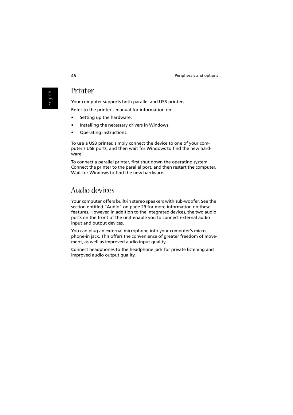 Printer, Audio devices | Acer Aspire 2000 User Manual | Page 56 / 130