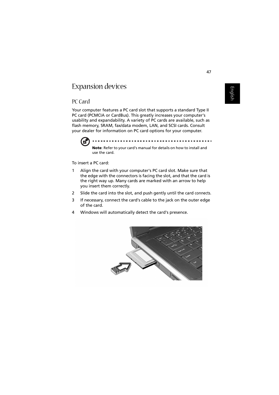 Expansion devices, Pc card | Acer Aspire 2000 User Manual | Page 57 / 130