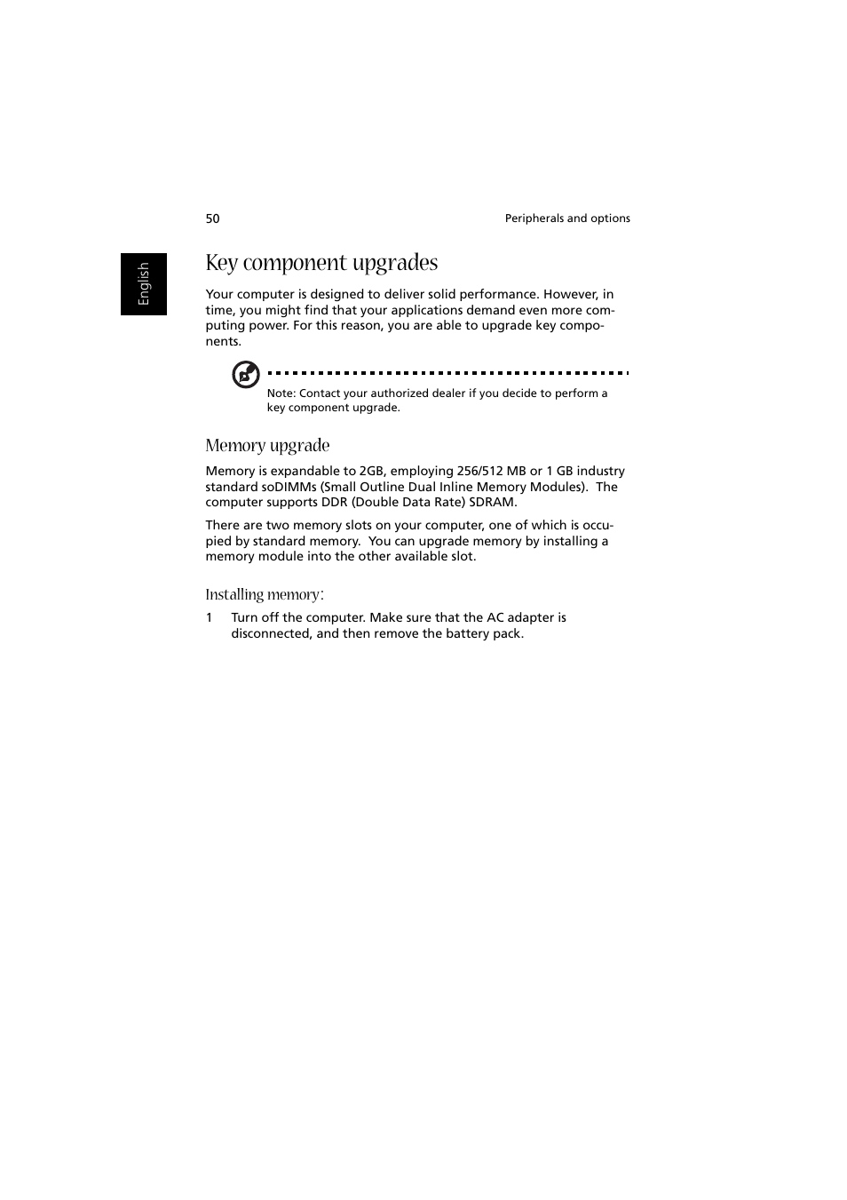 Key component upgrades, Memory upgrade | Acer Aspire 2000 User Manual | Page 60 / 130