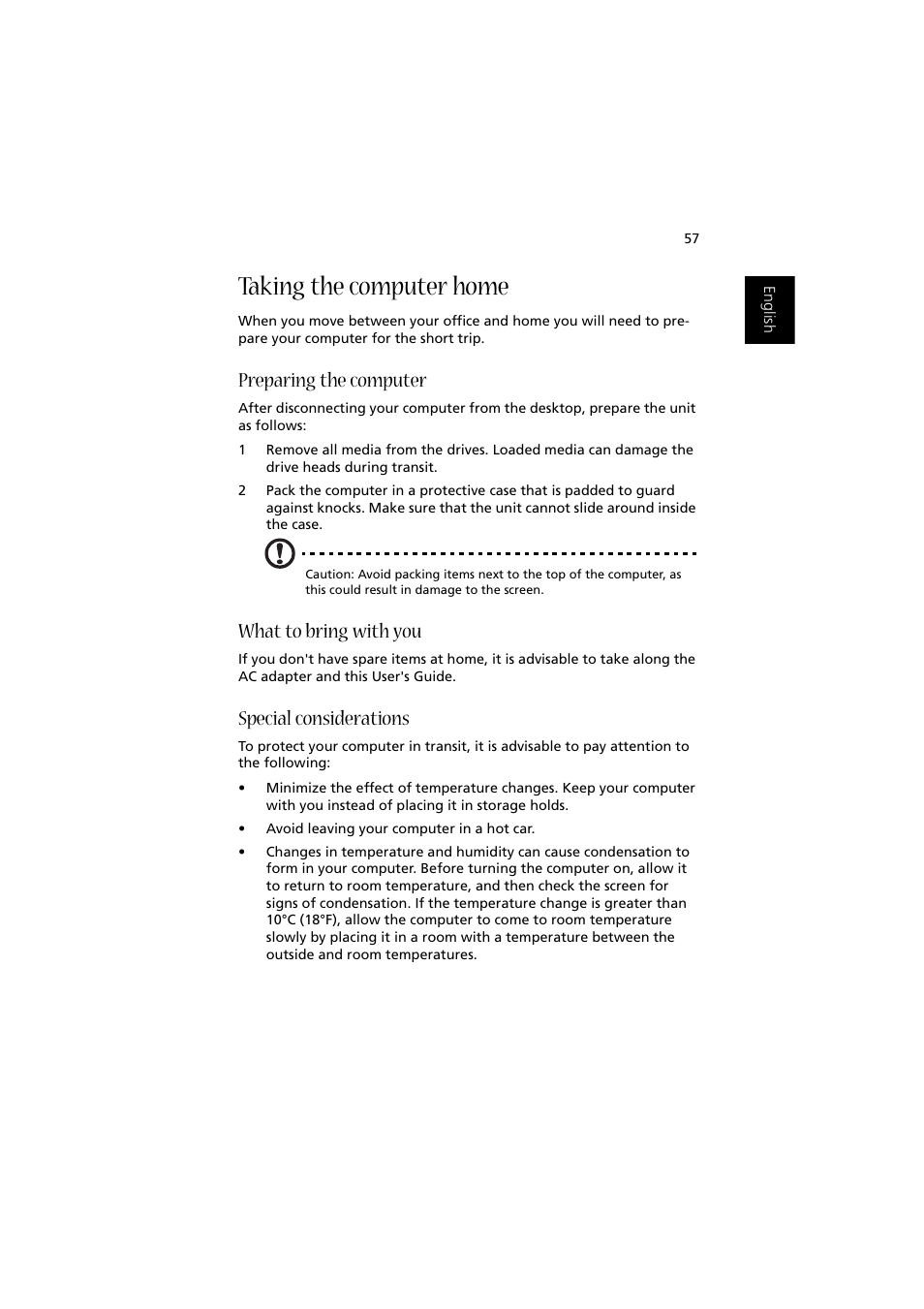 Taking the computer home, Preparing the computer, What to bring with you | Special considerations | Acer Aspire 2000 User Manual | Page 67 / 130