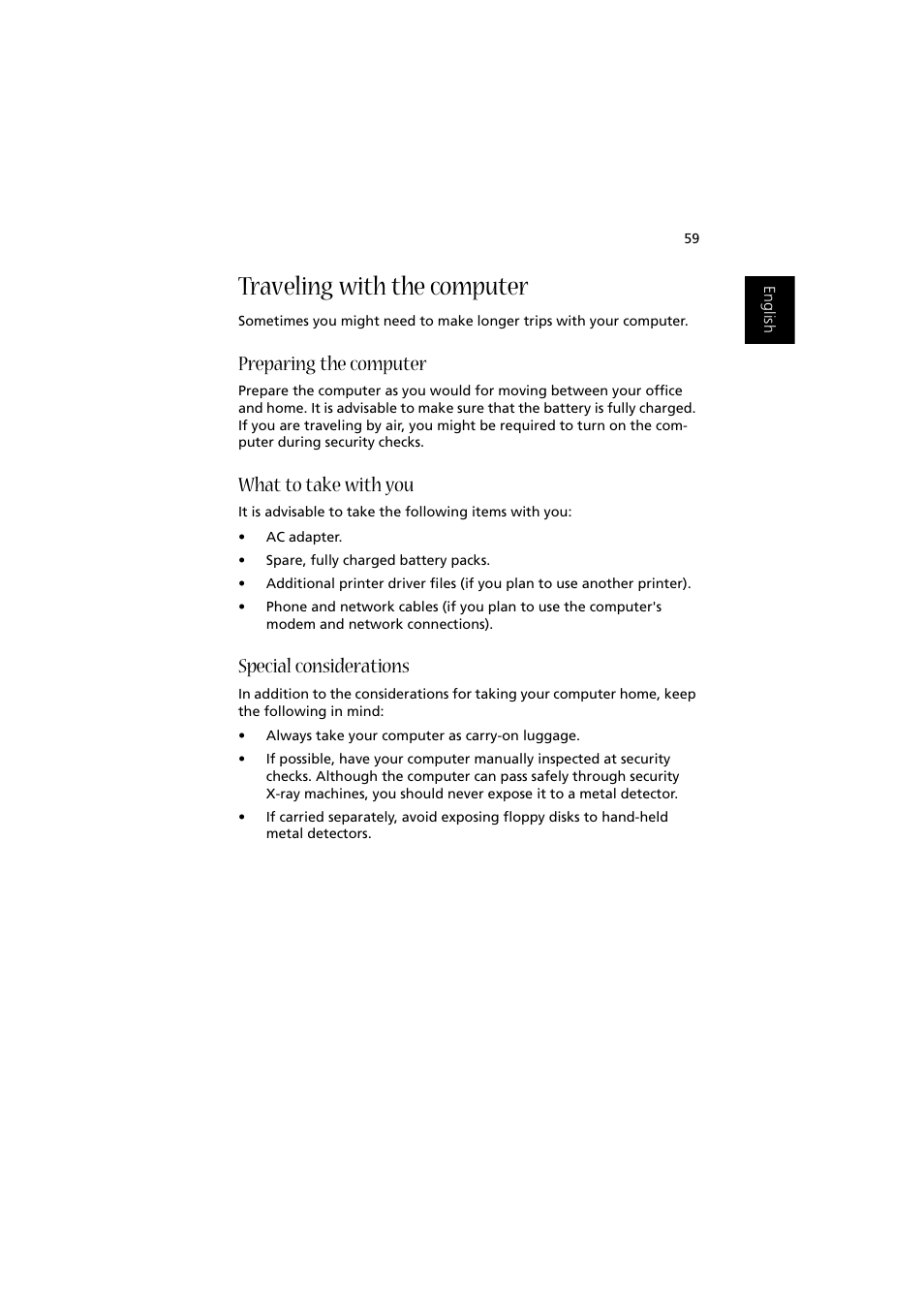 Traveling with the computer, Preparing the computer, What to take with you | Special considerations | Acer Aspire 2000 User Manual | Page 69 / 130