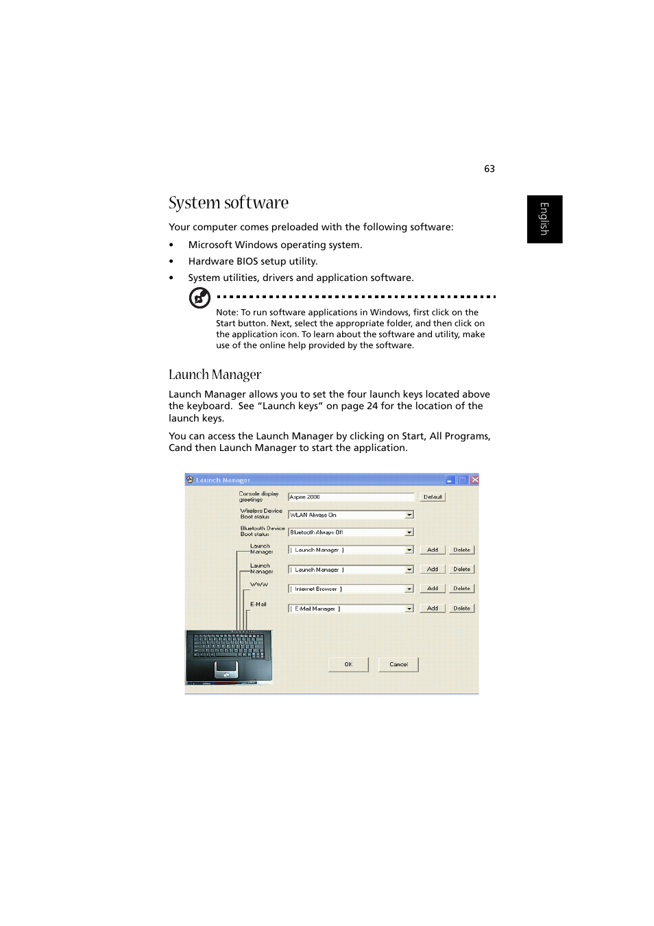 System software, Launch manager | Acer Aspire 2000 User Manual | Page 73 / 130