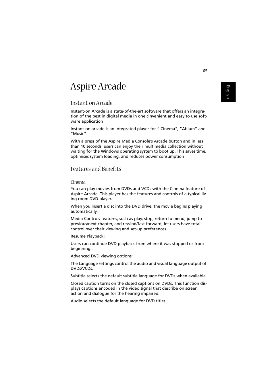 Aspire arcade, Instant-on arcade, Features and benefits | Cinema | Acer Aspire 2000 User Manual | Page 75 / 130