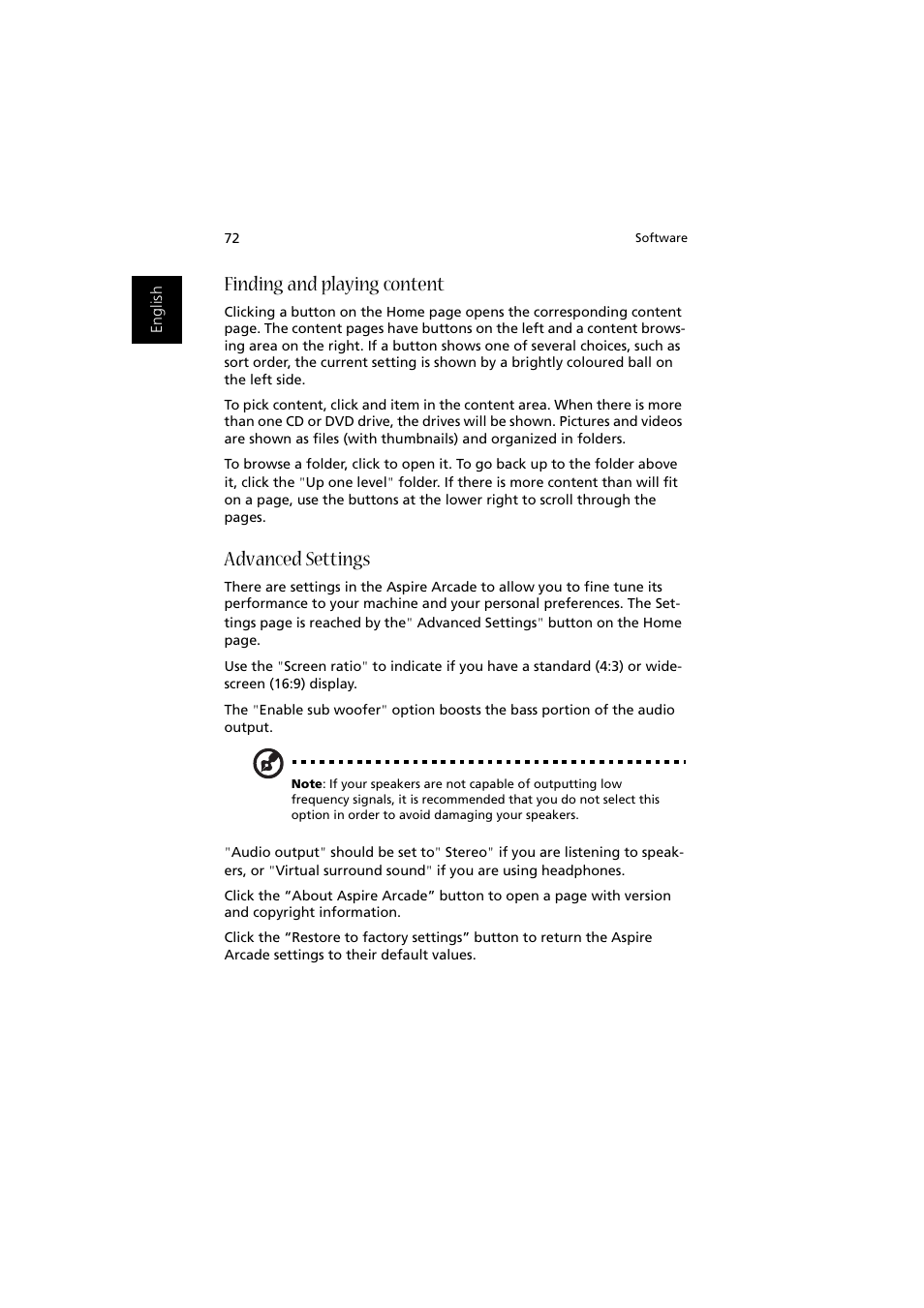 Finding and playing content, Advanced settings | Acer Aspire 2000 User Manual | Page 82 / 130