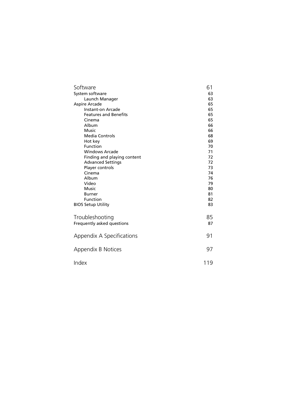 Software 61, Troubleshooting 85 | Acer Aspire 2000 User Manual | Page 9 / 130