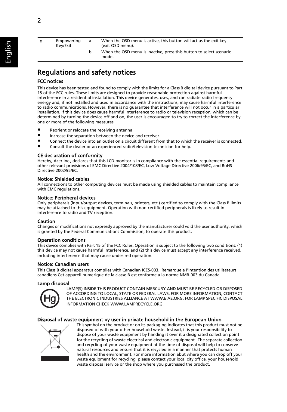English regulations and safety notices | Acer B193 User Manual | Page 2 / 3