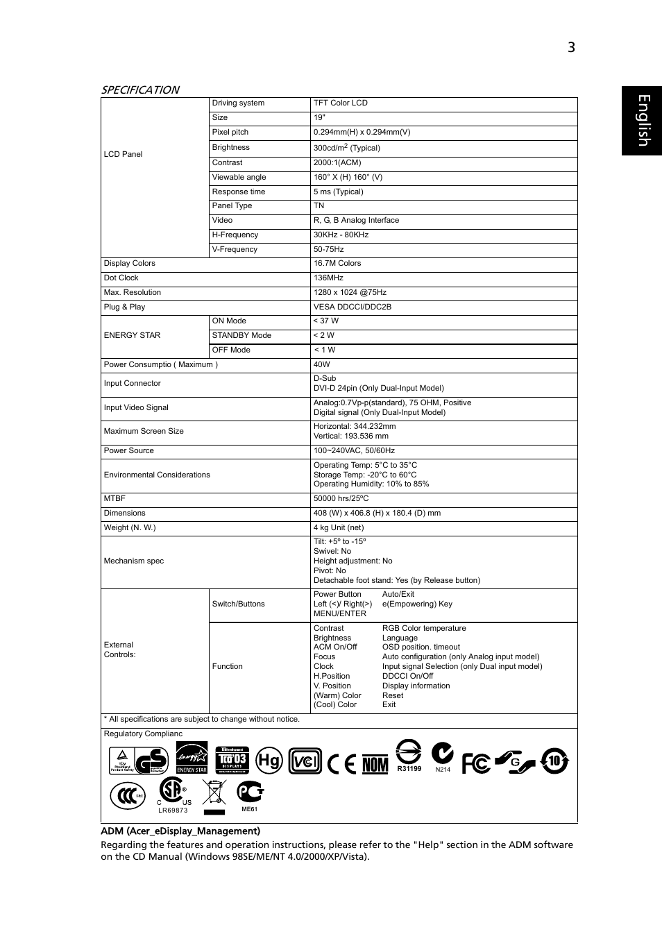 Eng lis h, Specification | Acer B193 User Manual | Page 3 / 3