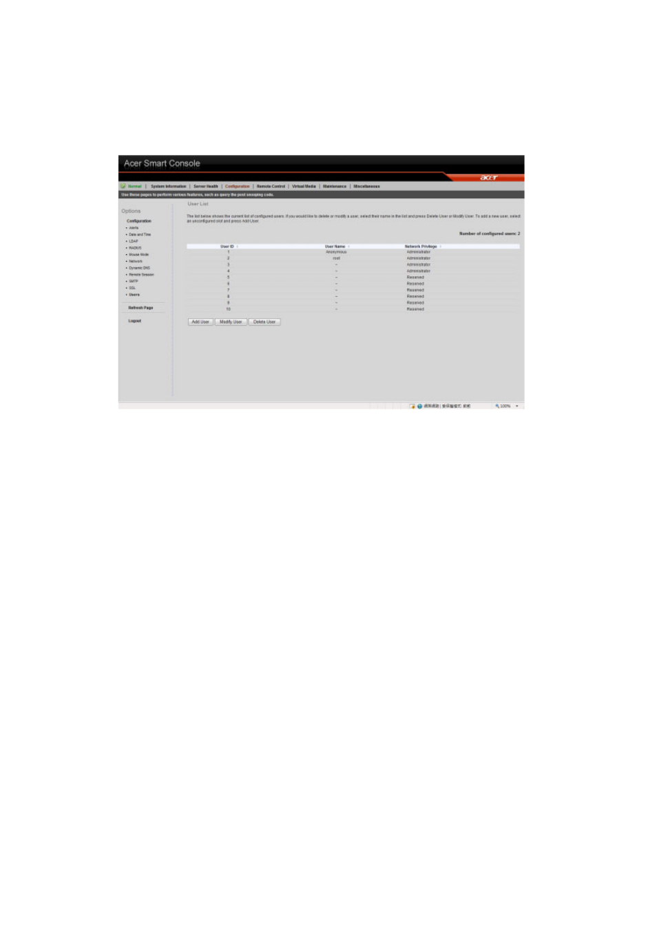 Users, User privileges | Acer AR380 F1 User Manual | Page 178 / 194