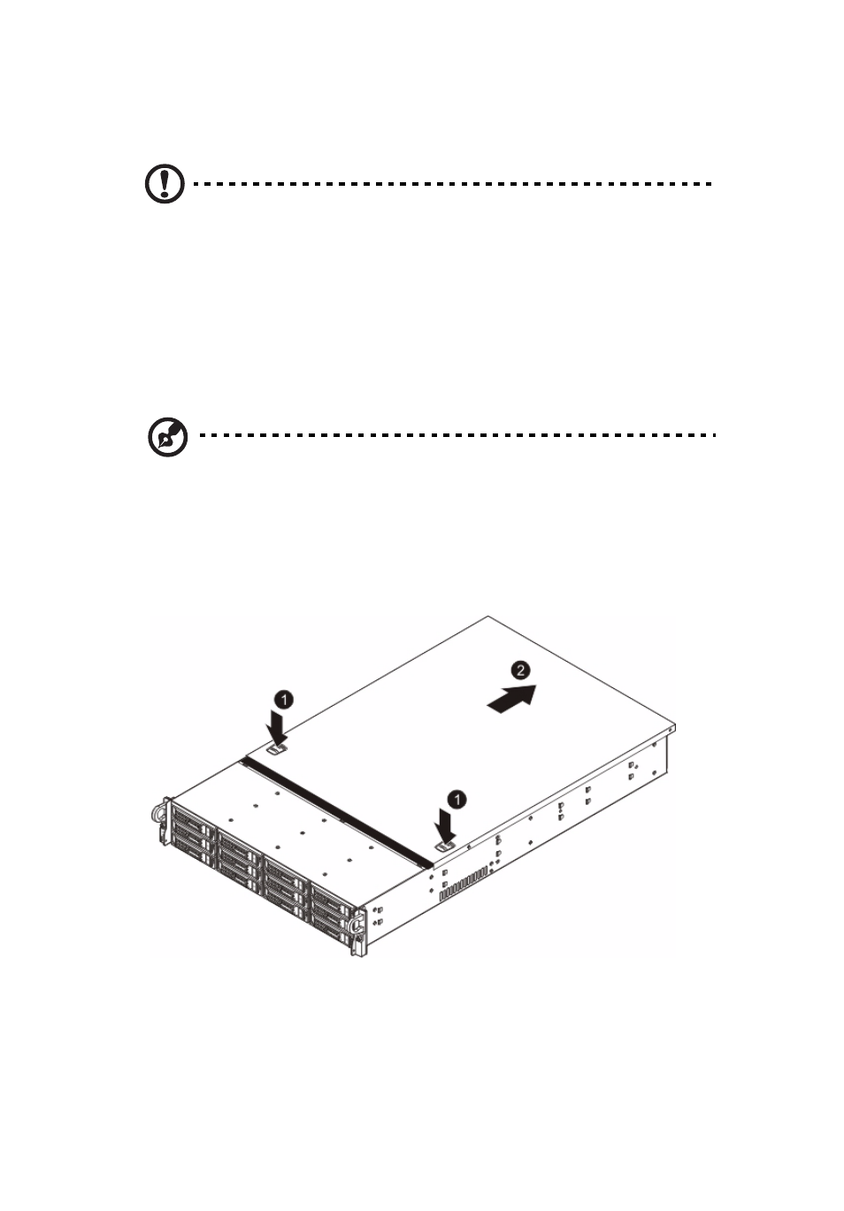 Opening the server, Removing the top cover, Installing the top cover | Acer AR380 F1 User Manual | Page 46 / 194