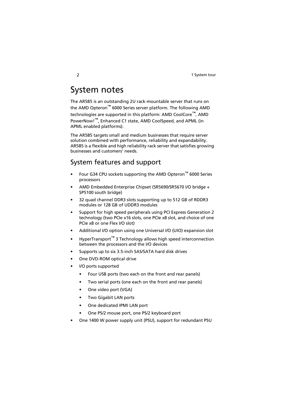 System notes, System features and support | Acer AR585 F1 User Manual | Page 14 / 68