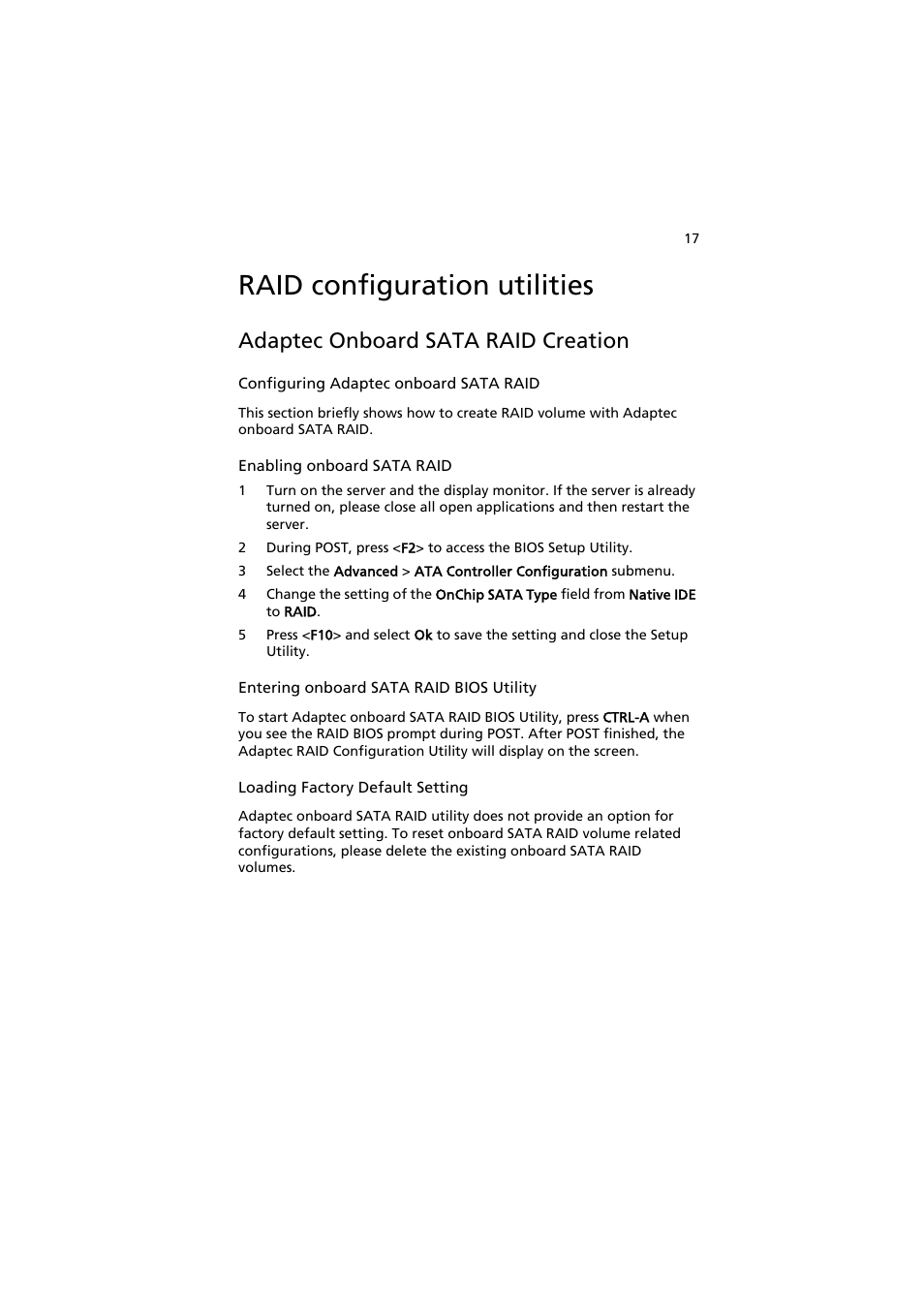 Raid configuration utilities, Adaptec onboard sata raid creation | Acer AR585 F1 User Manual | Page 29 / 68