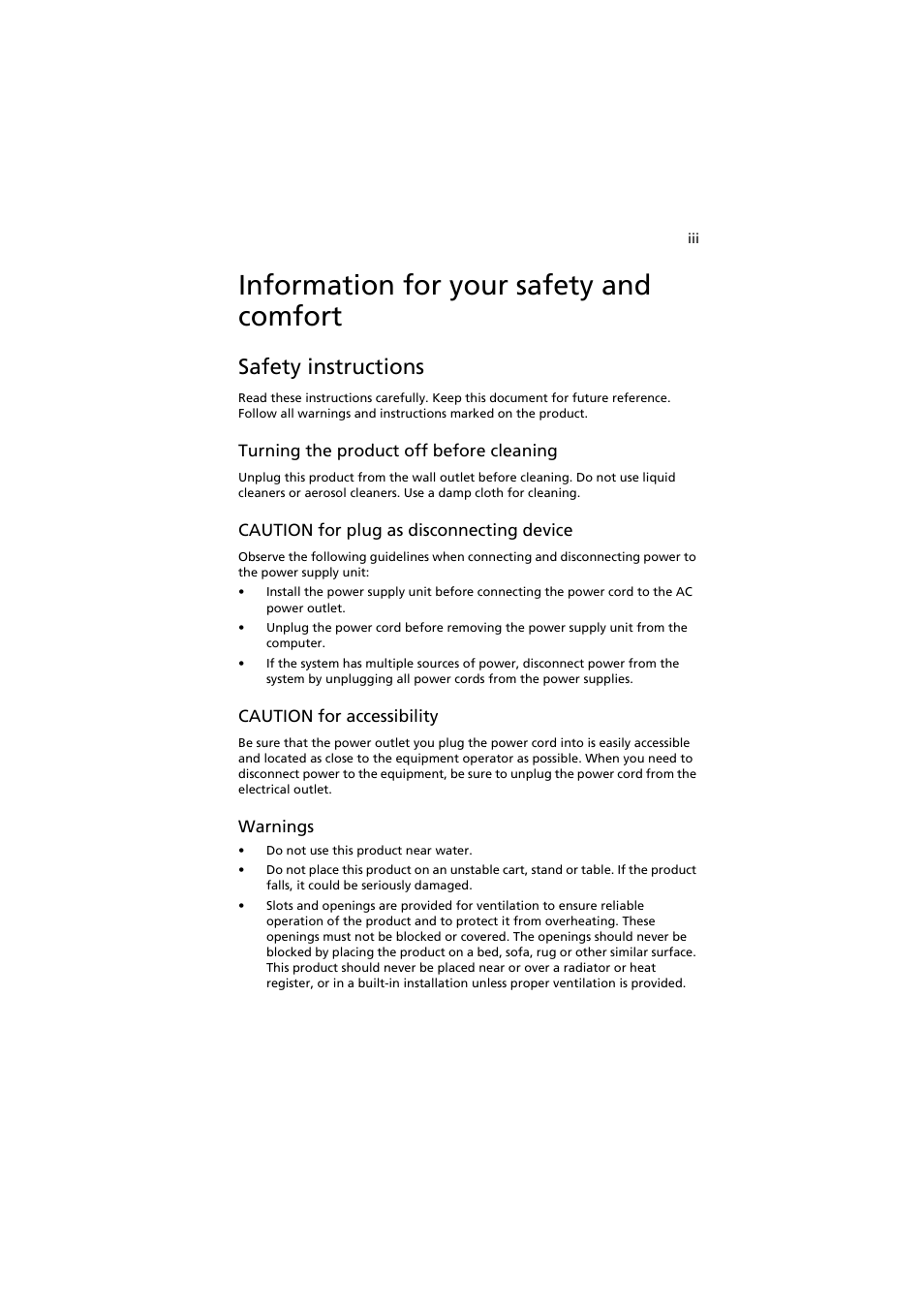 Information for your safety and comfort, Safety instructions | Acer AR585 F1 User Manual | Page 3 / 68