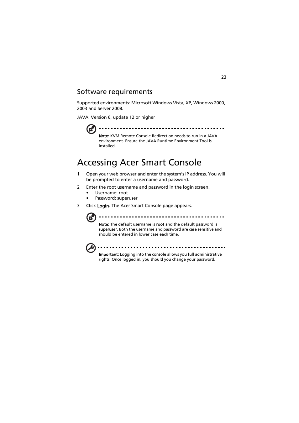 Software requirements, Accessing acer smart console | Acer AR585 F1 User Manual | Page 35 / 68