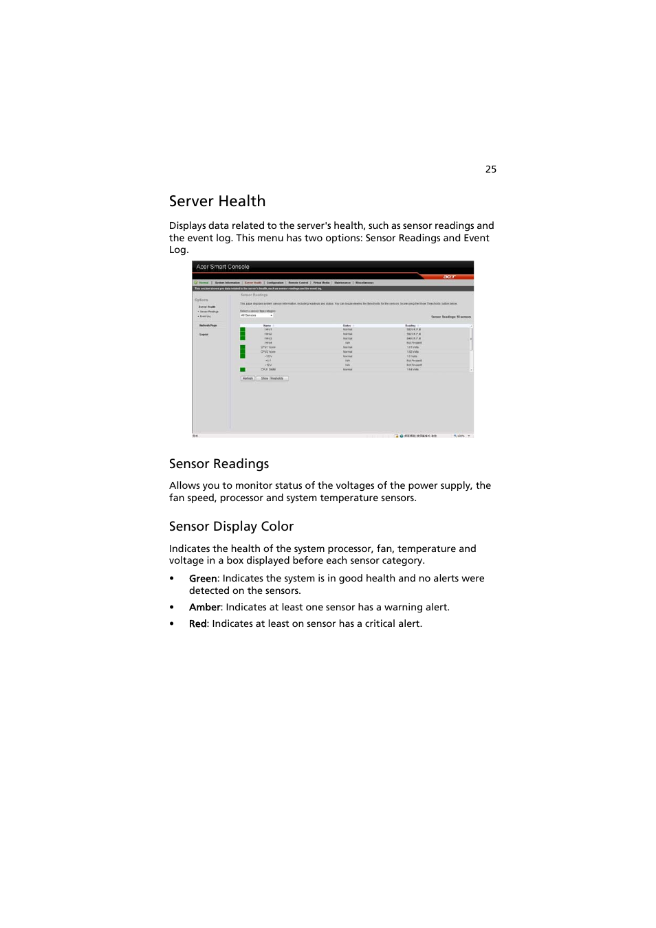 Server health, Sensor readings, Sensor display color | Acer AR585 F1 User Manual | Page 37 / 68