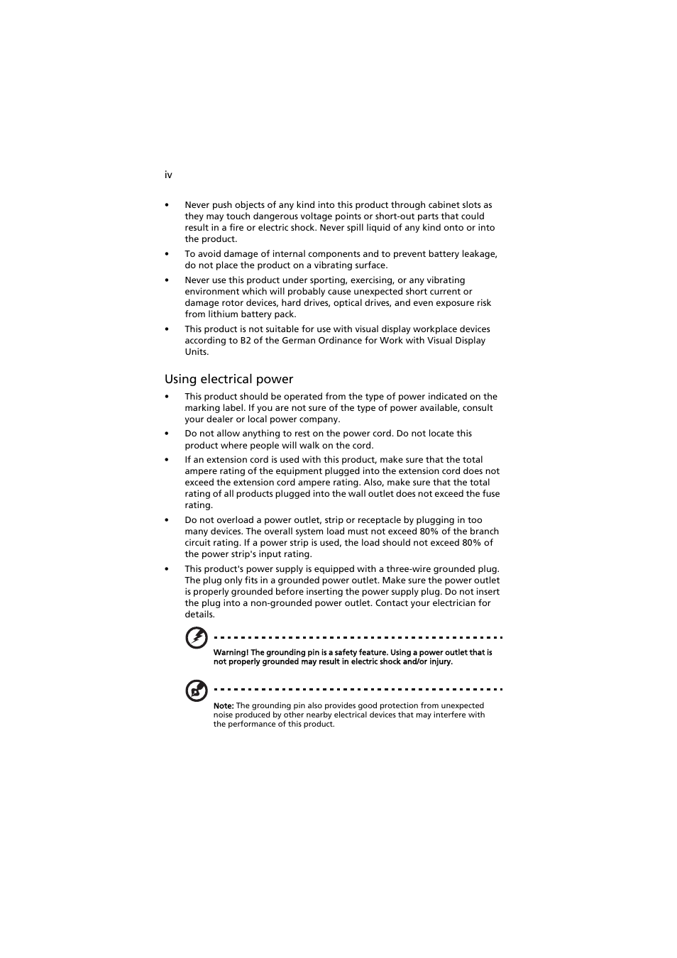 Using electrical power | Acer AR585 F1 User Manual | Page 4 / 68